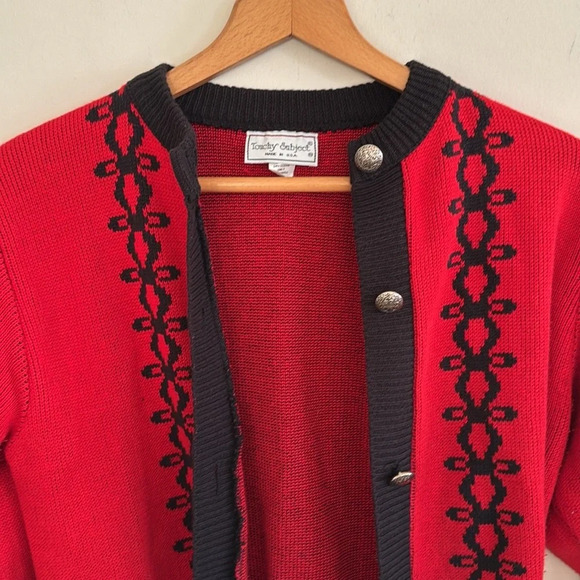Vintage 90s cotton made in USA red/black chunky knit cardigan sweater sz small - Picture 3 of 8